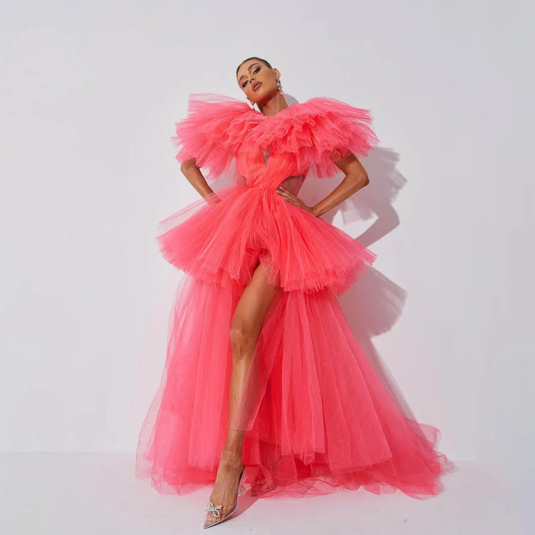 Lush Pink Big Volumn Party Dresses Cut Out Long Ruffled High Low Formal Dress Women Birthday Event Gala Gowns Extra Tulle