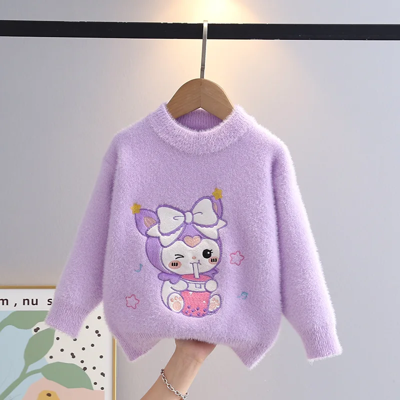 Miniso Sanrio Kuromi Girls Sweaters 2024 Autumn Winter Children Cartoon Pullover Teenagers Knit Sweater Plush Thicked Sweater