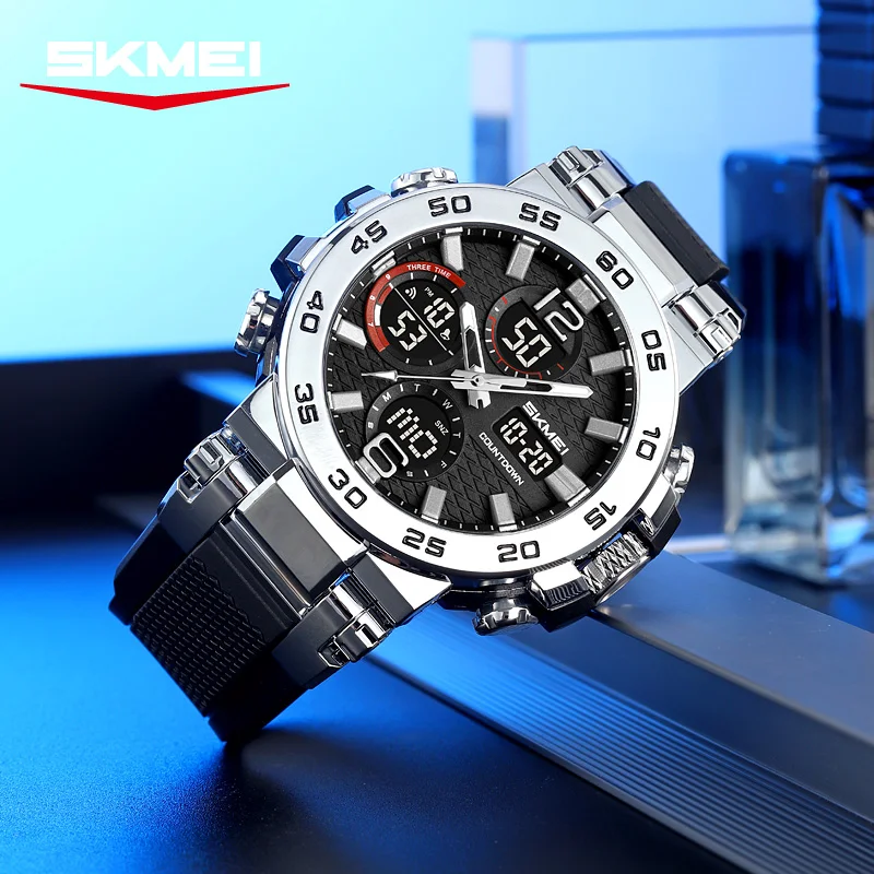 

SKMEI креативные цифровые часы с двойным дисплеем времени, светящиеся спортивные кварцевые часы для мужчин и женщин, модные 3-красовые водонепроницаемые наручные часы