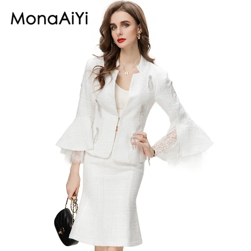 MonaAiYi High Street Fashion Suit Designer Women's V-Neck Ruffle Sleeve Lace Rhinestone White Tweed Tops+Fishtail Skirt 2pcs Set