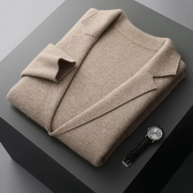 Vintage Men's Sweater Notched Lapel Suit Jacket 100% Merino Wool Sweater Spring Autumn Cardigan Knitwear Coat  Patch Pocket Tops