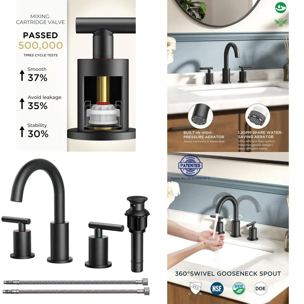 

8 Matte Black 3-Hole Widespread Bathroom Sink Faucet with 360° Swivel Spout, Pop-up Drain & cUPC Supply Line for 6-12 Vanities