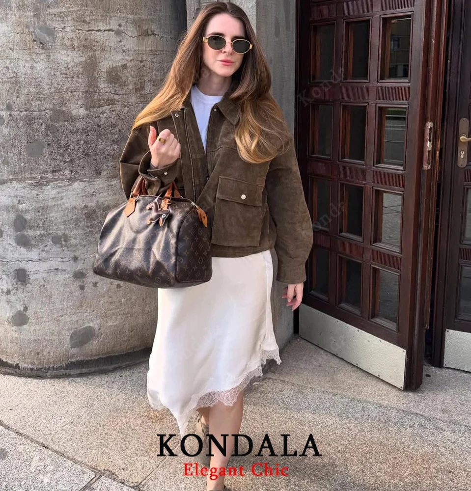 

KONDALA Women Vintage Chic Jacket Lapel Loose Zipper Pilot Jacket 2025 Fall Winter Fashion High Street Casual Lady Jacket Coat