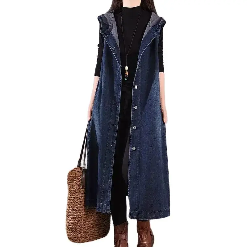 

2023 Spring New Denim Vest Women's Loose Large Size Denim Sleeveless Jacket Female Waistcoat Hooded Vest Women's Long Top 4XL