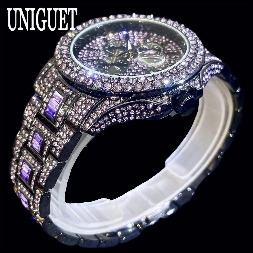 

2024 UNIGUET Fashion Purple Diamond Watch For Men Luxury Stainless Steel Auto Day Quartz Watches Man Hip Hop Iced Out Wristwatch