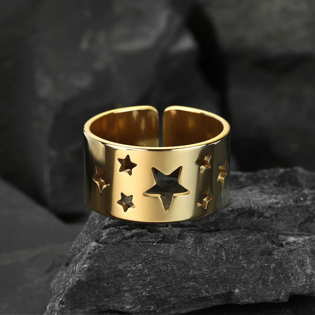 Kinitial April Stainless Steel Star Ring Women's Cutout Ring Broadband Ring Boyfriend Ring Stainless Steel Ring New Gifts