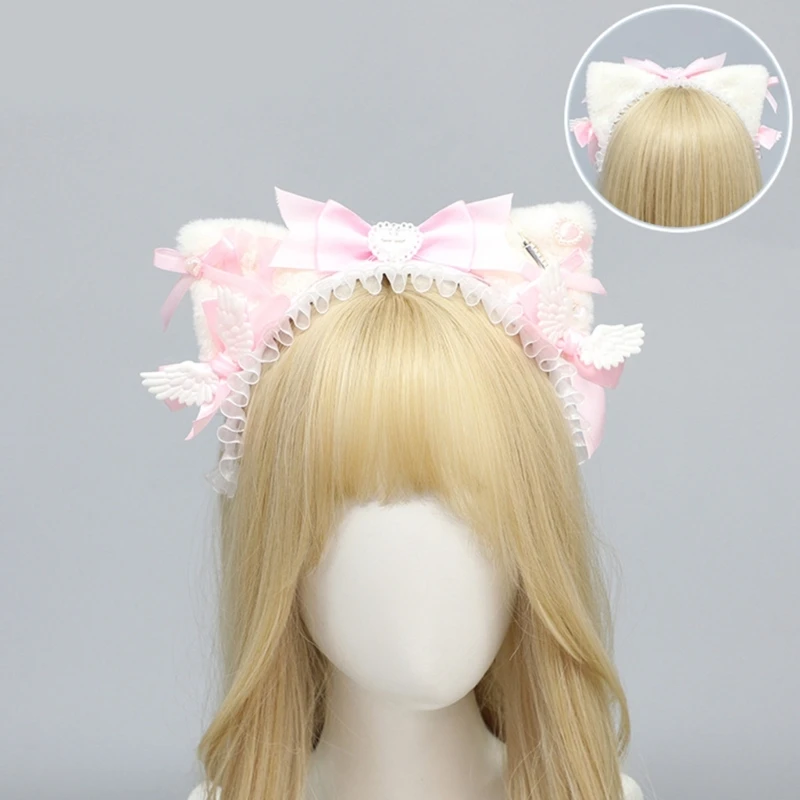 Lolita Girls Gothic Cat Ear Headband Bowknot Headpiece Women Harajuku Furry Plush Anime Cosplay Hairband for Party Hair Ornament