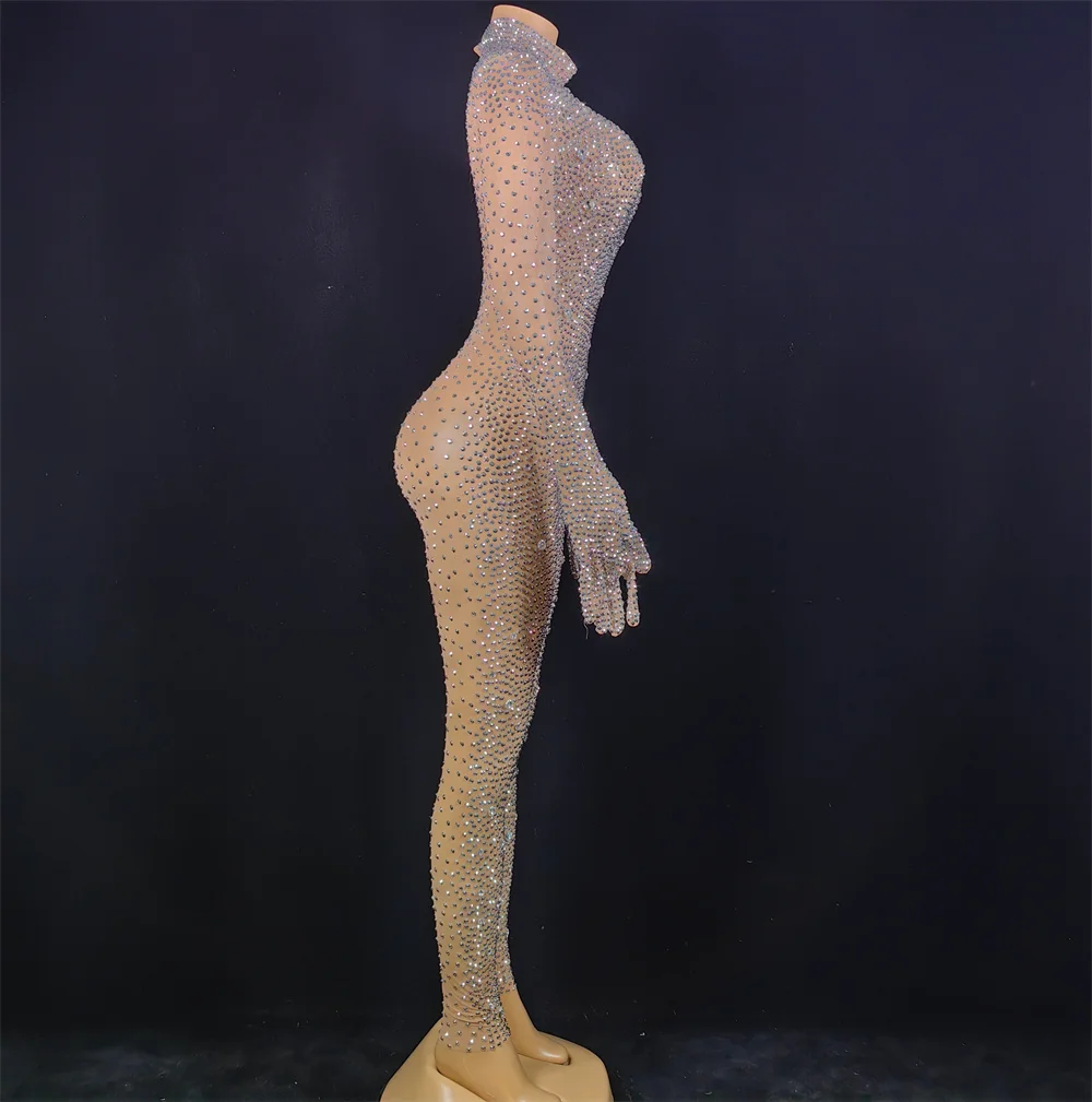 Tuta da discoteca da donna con strass Tuta sexy da ballo Gogo Tuta elastica a maniche lunghe con guanto Costume glitter di lusso yj014