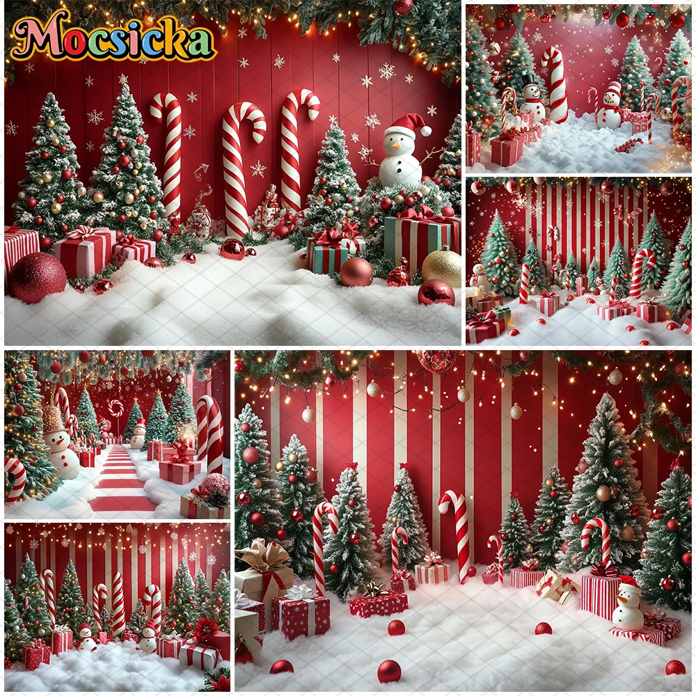 

Mocsicka Christmas Party Photography Background New Year Xmas Tree Lollipop Red Wall Decoration Winter Snow Child Photo Backdrop