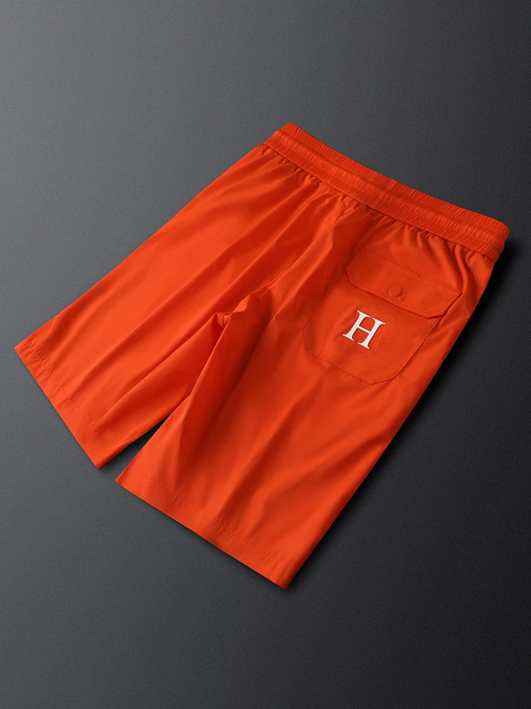 

Летние тонкие оранжевые повседневные шорты для мужчин из ледяного шелка, быстросохнущие спортивные брюки-капри, облегающие пляжные штаны