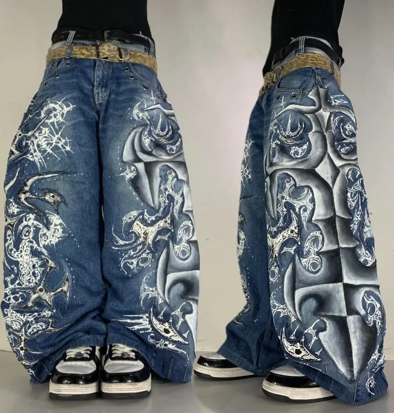 

Голубые потертые джинсы с высокой талией, повседневная одежда в стиле ретро в стиле хип-хоп, мужские прямые широкие брюки с принтом в американском уличном тренде, женские прямые широкие брюки