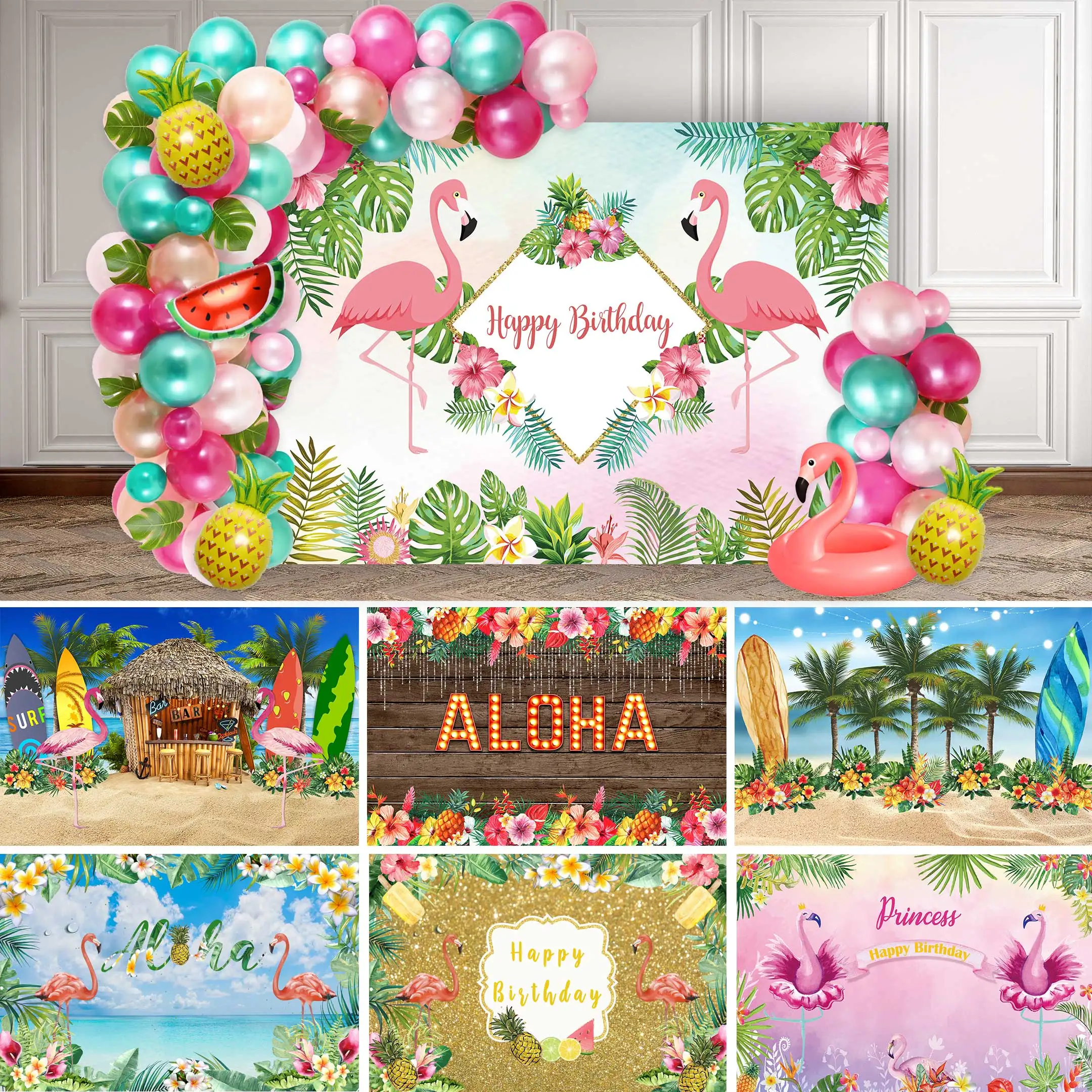 NeoBack Summer Tropical Hawaii Flamingo Birthday Backdrop Party Background Floral Green Photocall Decoration Celebration Banner