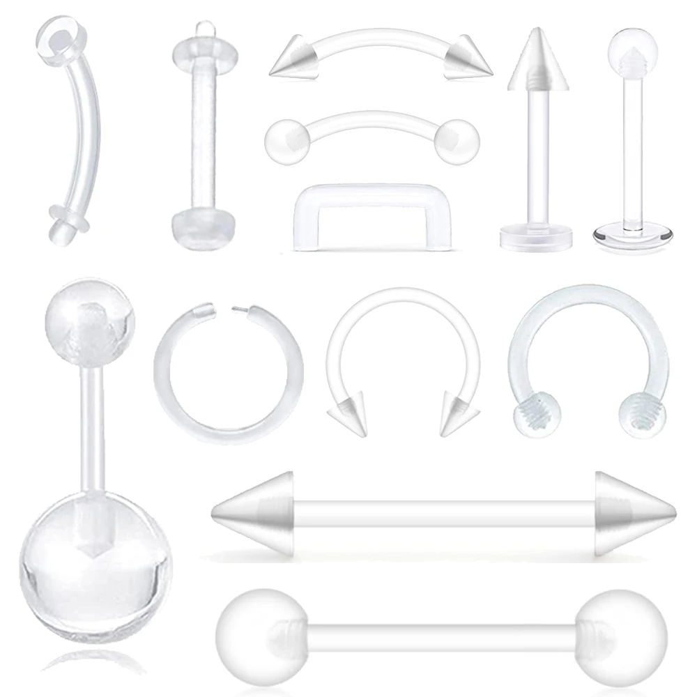 2pcs Barbell Tongue Belly Ring Invisible Nose Rings Clear White Acrylic Ball Punk Bar Lip Ring Silicone Eyebrow Body Piercing