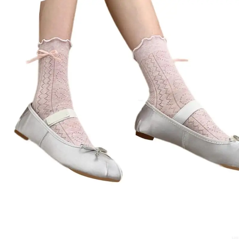 L38E Women's Fashion Hollowout Heart Pattern Ruffle Top Socks Preppy Student Sweet Bowknot Accent Middle Calf Socks