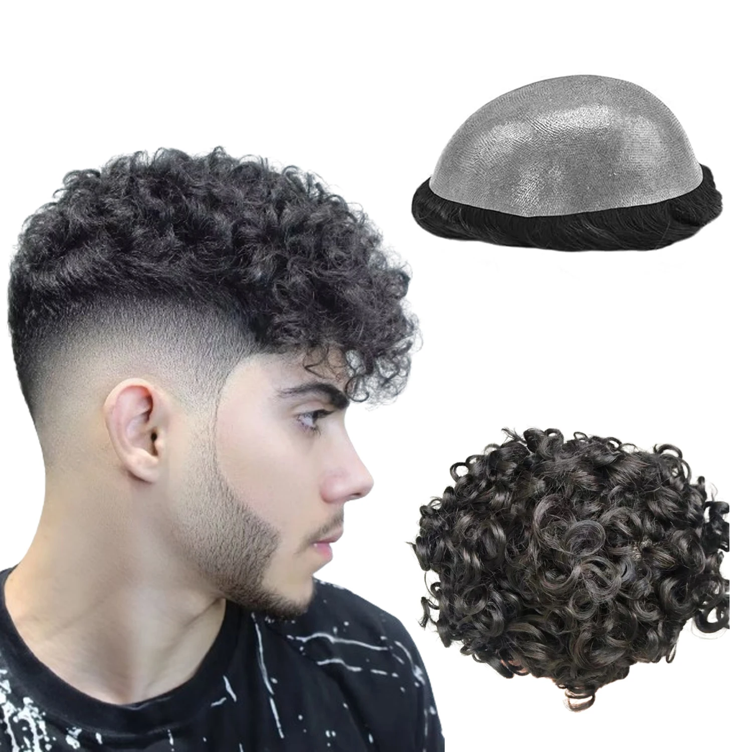 

N.L.W 0.04mm Thin PU Human jet black Hair toupee for men 10mm Afro Curl men hairpiece replacementhair toupee size10*8