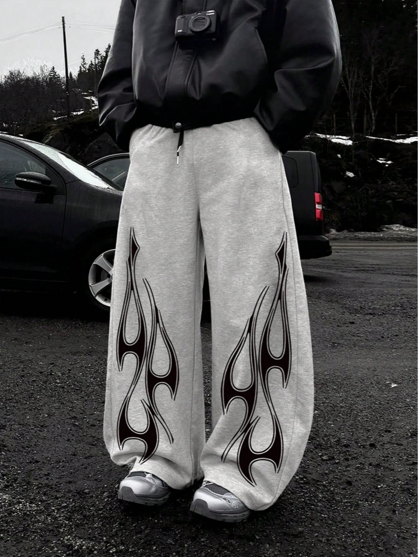 

Flame Print Gothic Street Style Straight-Leg Sweatpants Loose Fit Unisex Casual Streetwear Pants track pants
