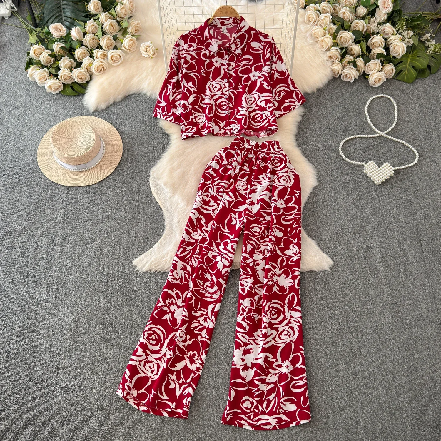 2024 Summer Matching Set Women Floral Print Short Sleeve Shirt Top Elastic Waist Long Pants Fashion Streetwear Suit