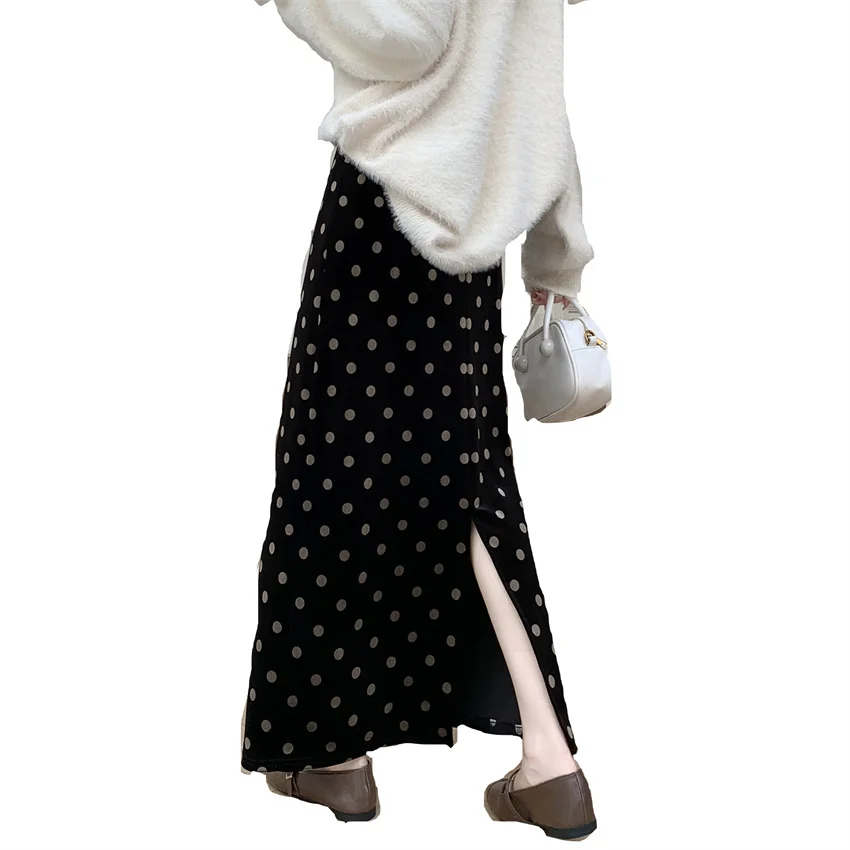 

Gowyimmes 2025, новинка, большой размер, винтажная модная женская длинная золотая бархатная юбка миди, тонкая женская черная юбка в горошек, разделенные низы PD1835