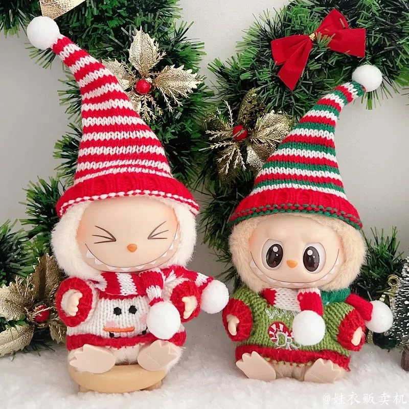 For Labubu Mini Plush Doll'S Clothes  Christmas Sweater With Hat and Scarf Set Christmas Red&Green Labubu Clothes Ropa Labubu