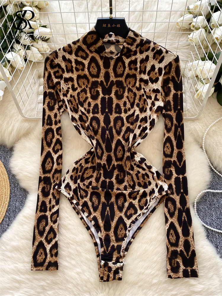 SINGREINY American Style Ladies Sexy Bodysuits Turtleneck Long Sleeves Leopard Print Chic Design Skinny 2024 Fashion Bodysuits