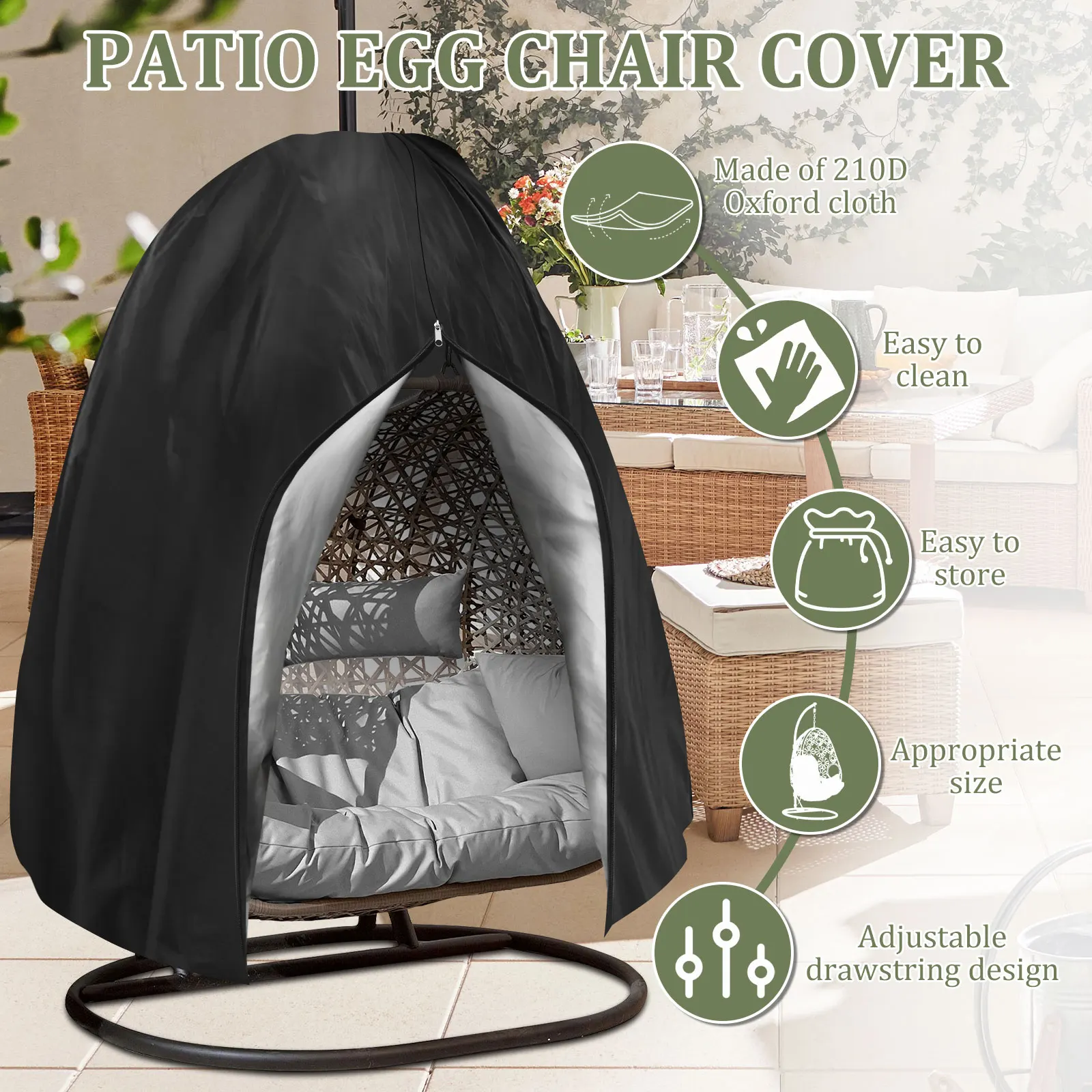 Courtyard Eggshell Chair Cover 210D Zipper Single/Double Waterproof Cover Outdoor Dustproof Sunscreen Hanging Chair Swing Cover