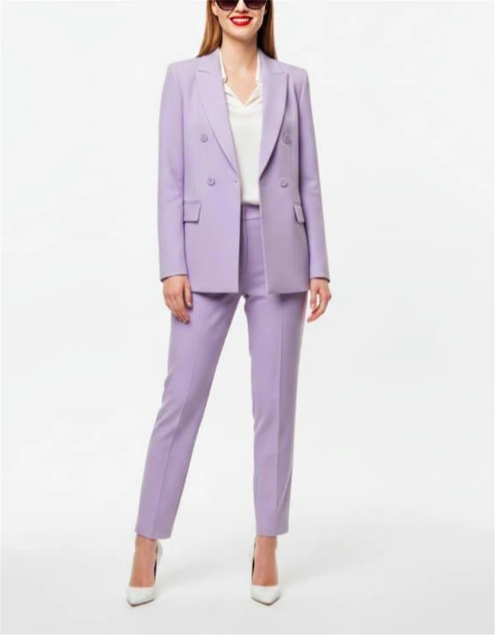 Modern Women's Suits 2 Pcs Lavender Double Breasted Pantsuit Set Tailored Evening and Business Outfit Office Suit (Blazer+Pants)