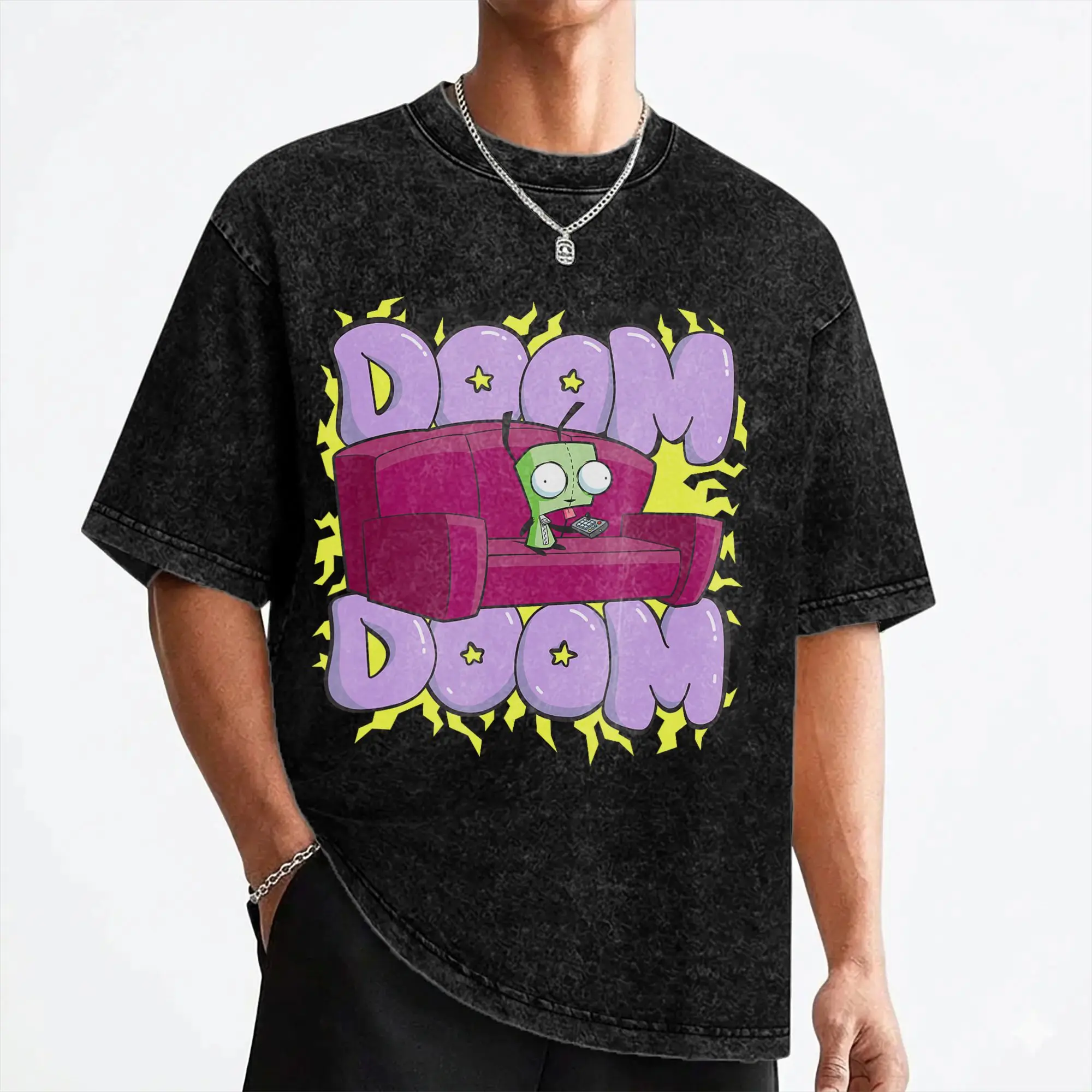 Invaders Zim Doom Doom Gir Washed T Shirts Streetwear Casual T-Shirts  Tee Shirt Men Women Short Sleeve Street Summer