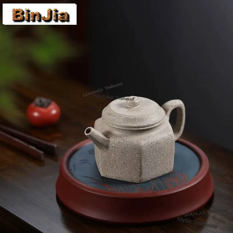 280ml Yixing Purple Clay Teapots Handmade Hexagonal Dezhong Pot Raw Ore Coarse Sand White Section Mud Kettle Strainer Zisha Tea