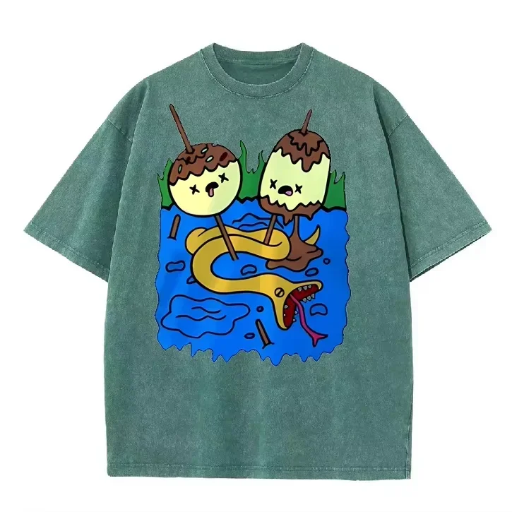 Vintage Washed Purple Tshirt Weird Snake Melting Popsicle Cartoon Print Loose Short Sleeve Trippy Casual Tee