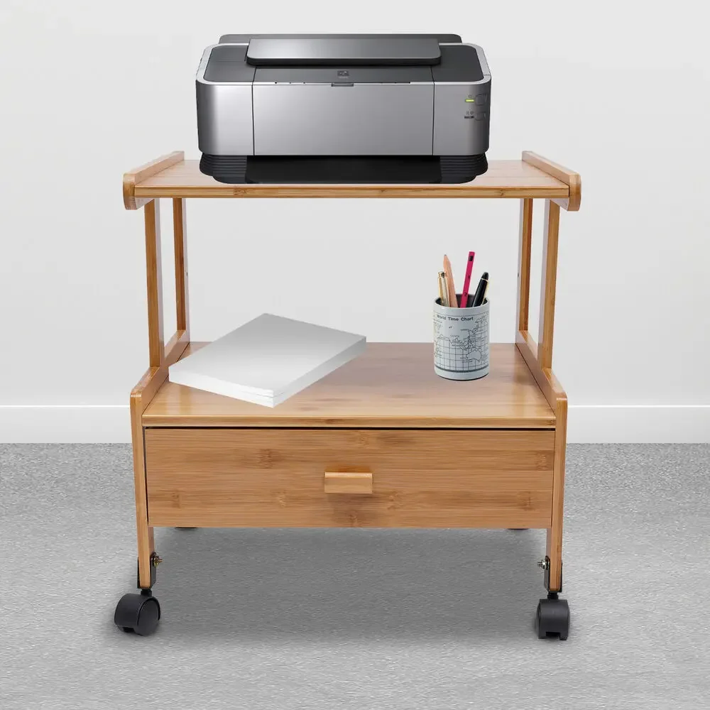 

2 Tiers Wood Storage Cart With Wheels Drawer Office Printer Stand Printer Cart