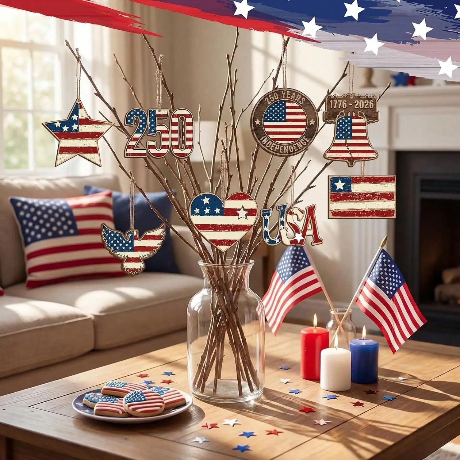 

4th Of July Decor, American Flag Grapevine Wreath With Blue Bow, Rustic Artificial Wood Ornaments, Perfect For Independence Day Celebration, Home Decoration, Party Supplies, Party Decor Design, Party Atmosphere Props And Table Centerpieces VZZT