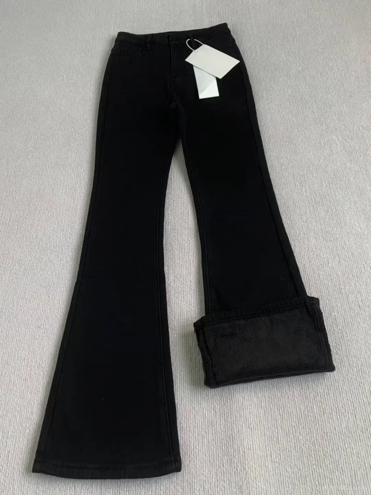 Fce doublé jean évasé femme taille haute élastique minceur Denim pantalon automne hiver grande taille pantalon à jambes larges Cleanfit Sle