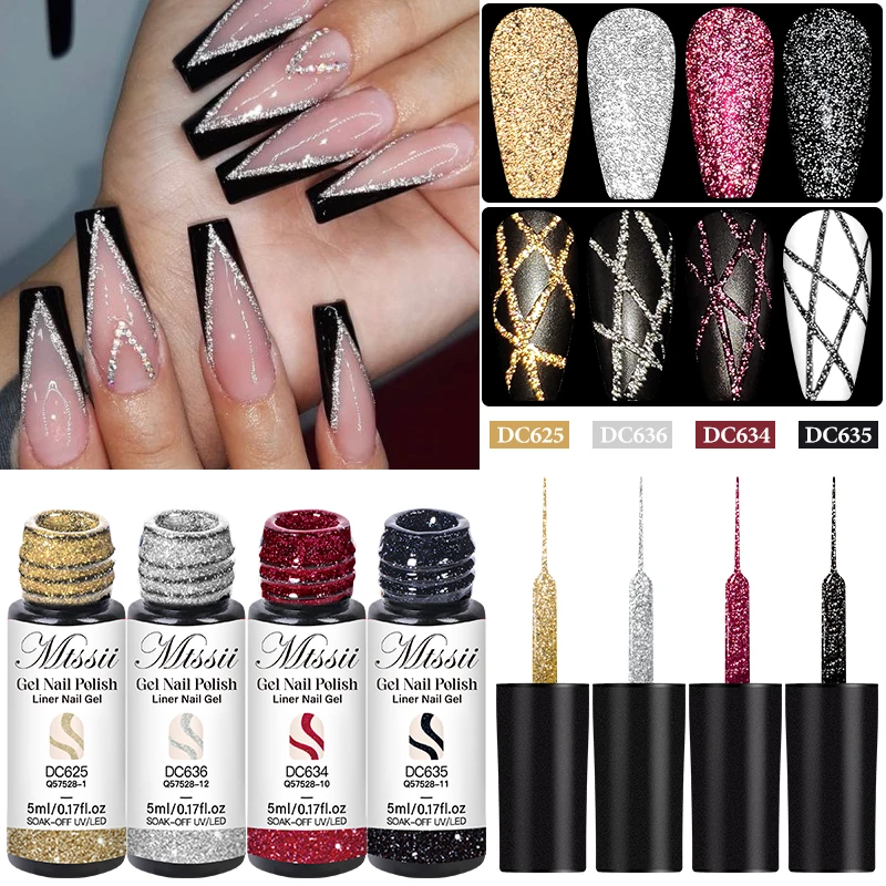 2/4/6 stücke Reflektierende Glitter Liner Gel Nagellack Set Pull Linie Graffiti Malerei Streifen DIY Französisch Nägel Design malerei Gel