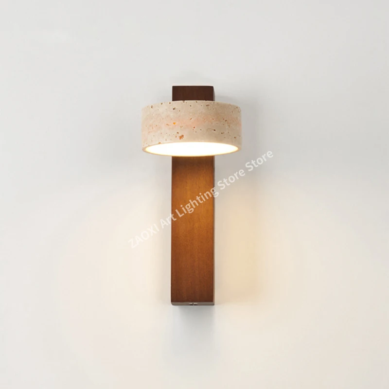 Yellow Travertine Wall Lamp with Pull Chain Switch Rotable Nordic Wabi Sabi LED Wood Stone Lights for Bedroom Bedside Apartment