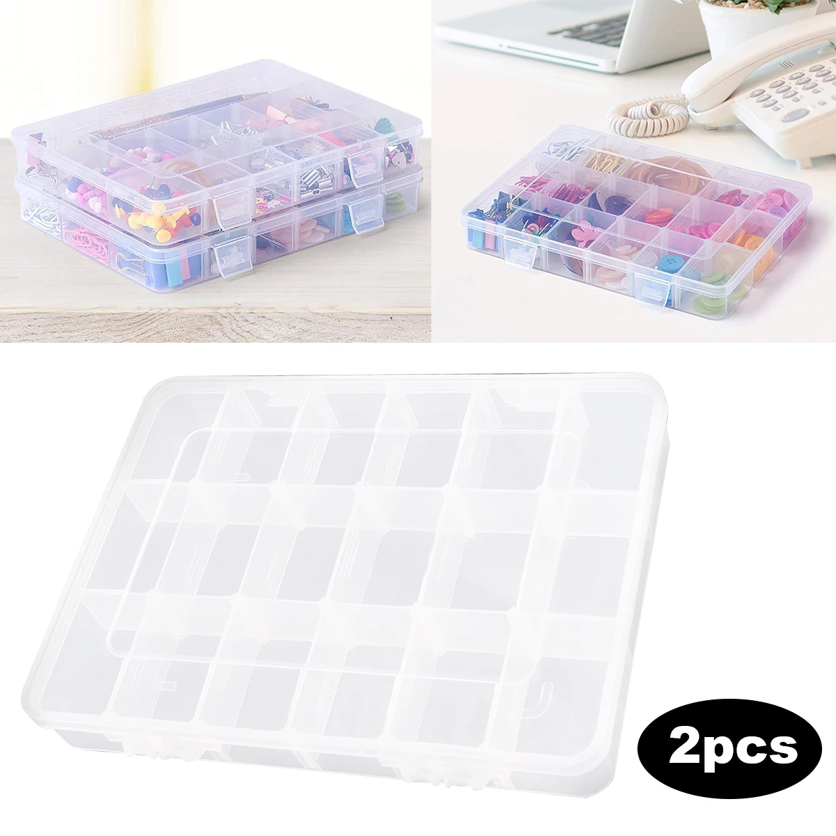 2 Pcs 18 Compartments Clear Crafts Organizer Transparent Storage Box for Tape Art Supplies and Sticker Stationery