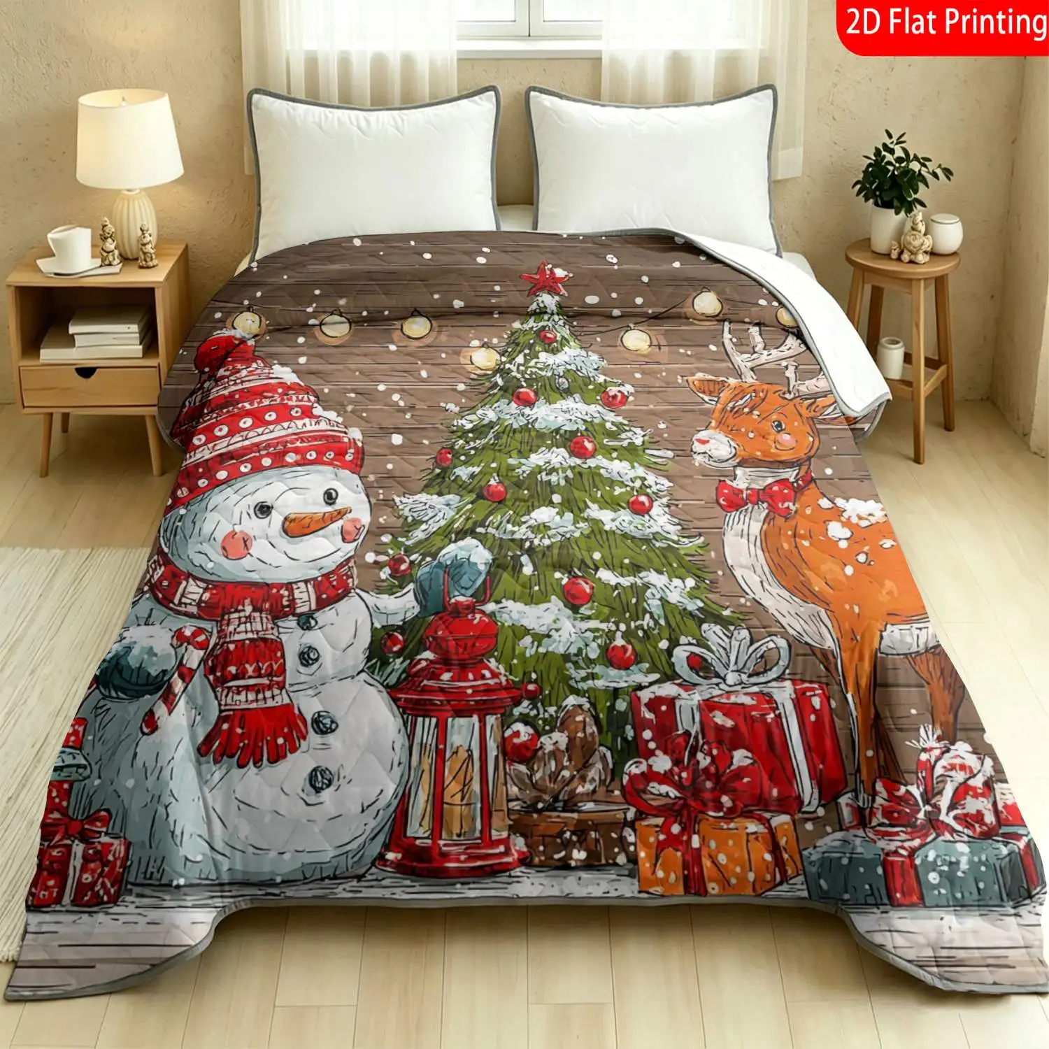 1pc Thin Quilt/2D Flat Print Christmas Snowman Reindeer Tree Print with Red Green Color/Machine Washable And Resistant to Deform