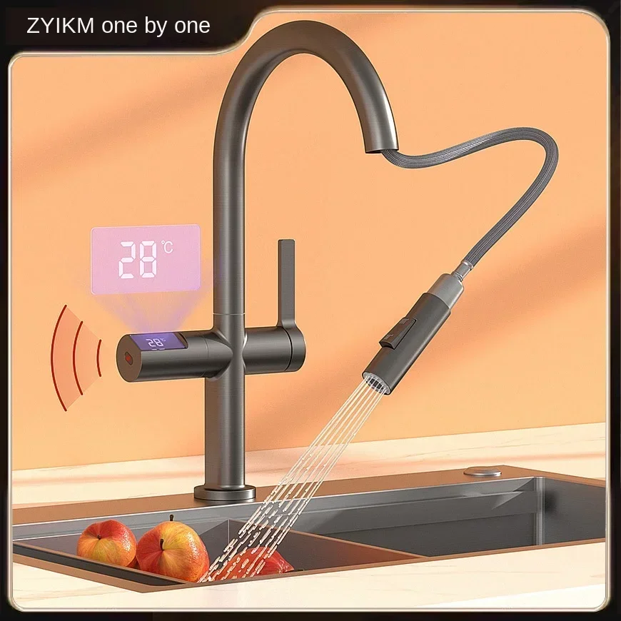 Intelligent Digital Display Pull-Out Kitchen Sink Faucet Modern Gray Brass Faucet Infrared Sensor Switch Ceramic Cold Hot Water