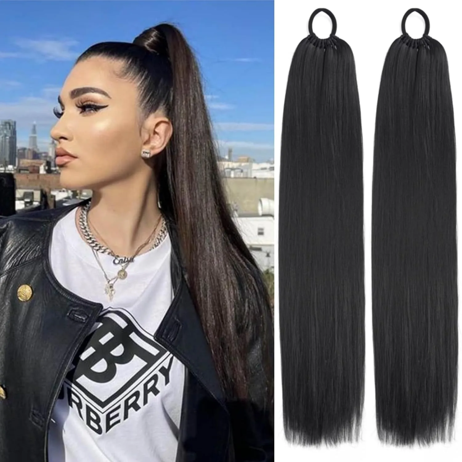 

24-Inch Long Straight Synthetic Drawstring Ponytail, No Shedding No Odor, Easy Clip-in for Extra Length & Volume