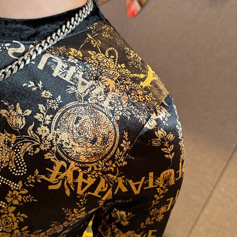 Rhinestone Trends O-Neck T Shirt For Men Long Sleeve Print Silky Autumn High Quality Velvet Soft Comfortable Camisetas De Hombre