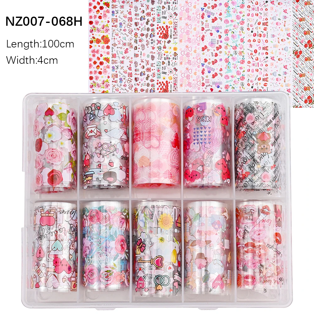 10 Rolls/Box Love Heart Flower Nail Foils Valentine's Day Series Nail Transfer Foils Decals Slider Manicure Supplies 4*100cm