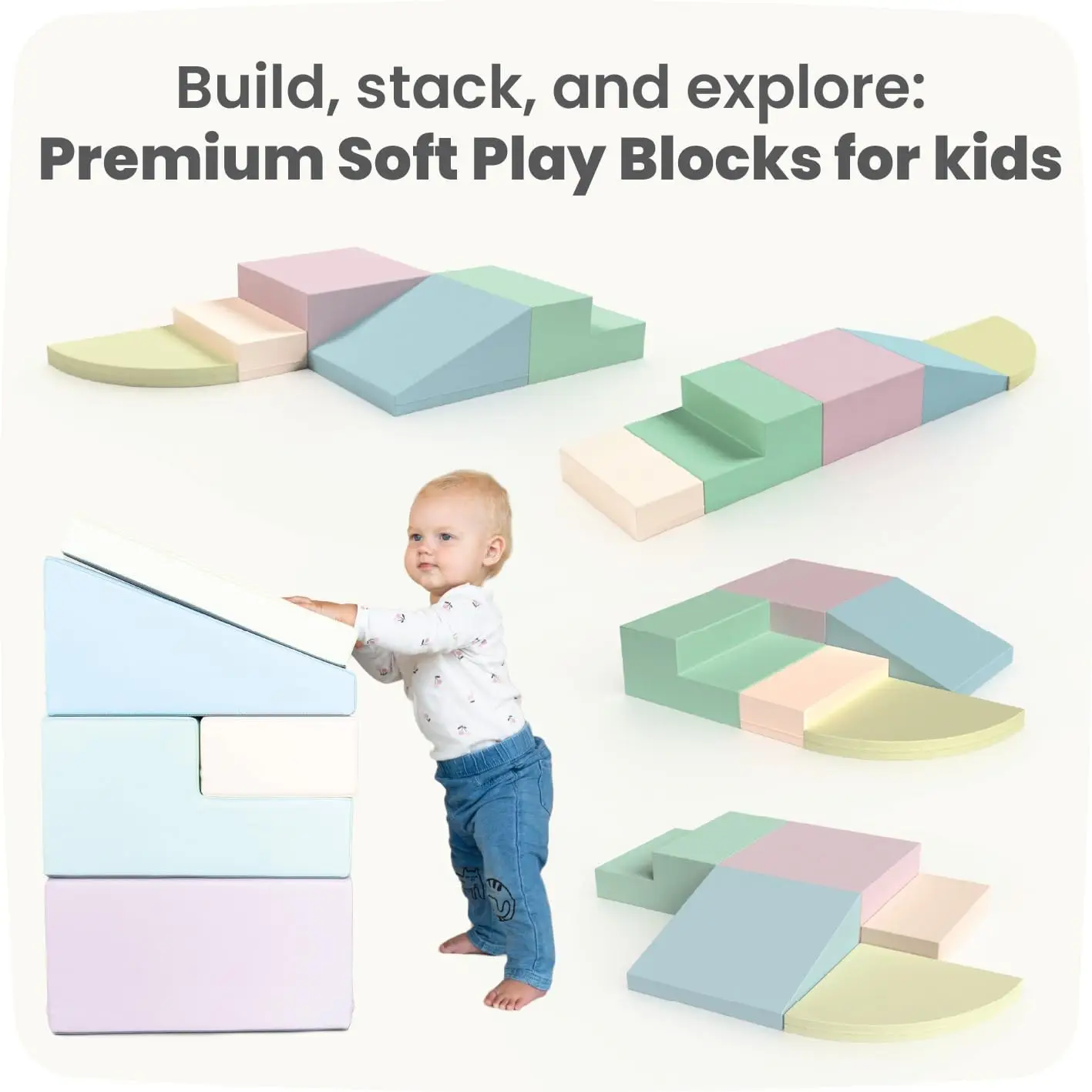 Set 6 Pastel Soft Play Forms, Large Foam Blocks, Baby Slide, Indoor Climbing Toys for Toddlers 1-3, Baby Crawling Helper, Montes
