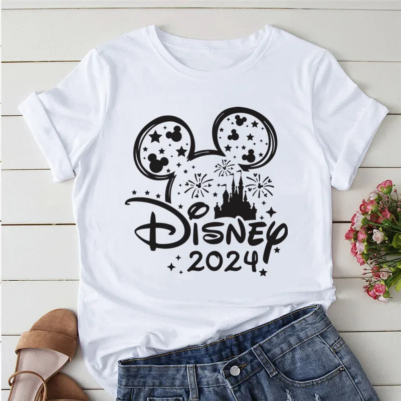 Summer Y2k Women T-shirt Disney 2024 Printed Female Clothing Short Sleeve White Tops Tees