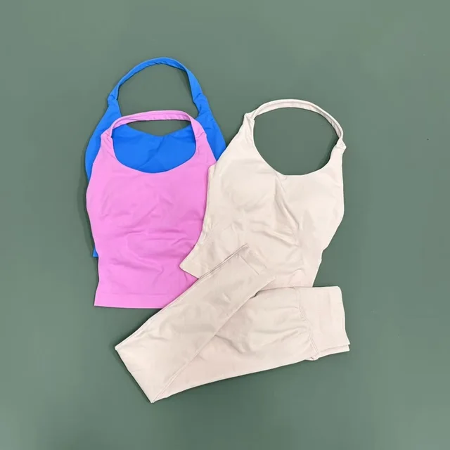 2 Piece Active Set Women Open Back Halter Top Peach Butt Lifting Leggings Seamless Soft – view 6