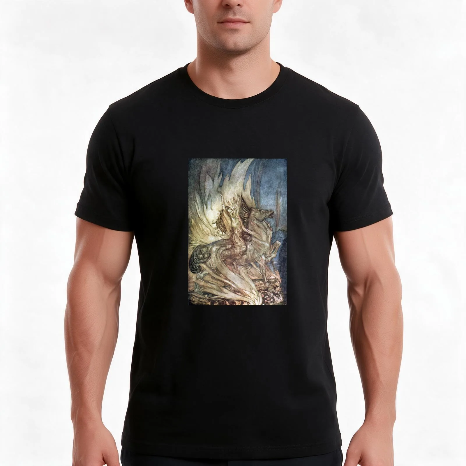 Twilight of the Gods - Brünnhilde leaps onto Siegfried's funeral pyre (Rackham) T-Shirt Summer Casual Cotton Tee 100% Cotton