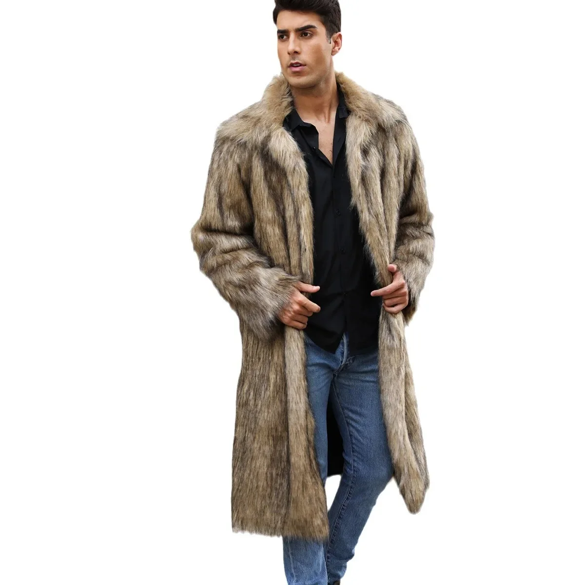 Men Faux Fox Fur Jacket Coat Turn Down Collar Winter Thick Fluffy Long Sleeve Warm Shaggy Outerwear Luxury Fur Long Jackets Mens