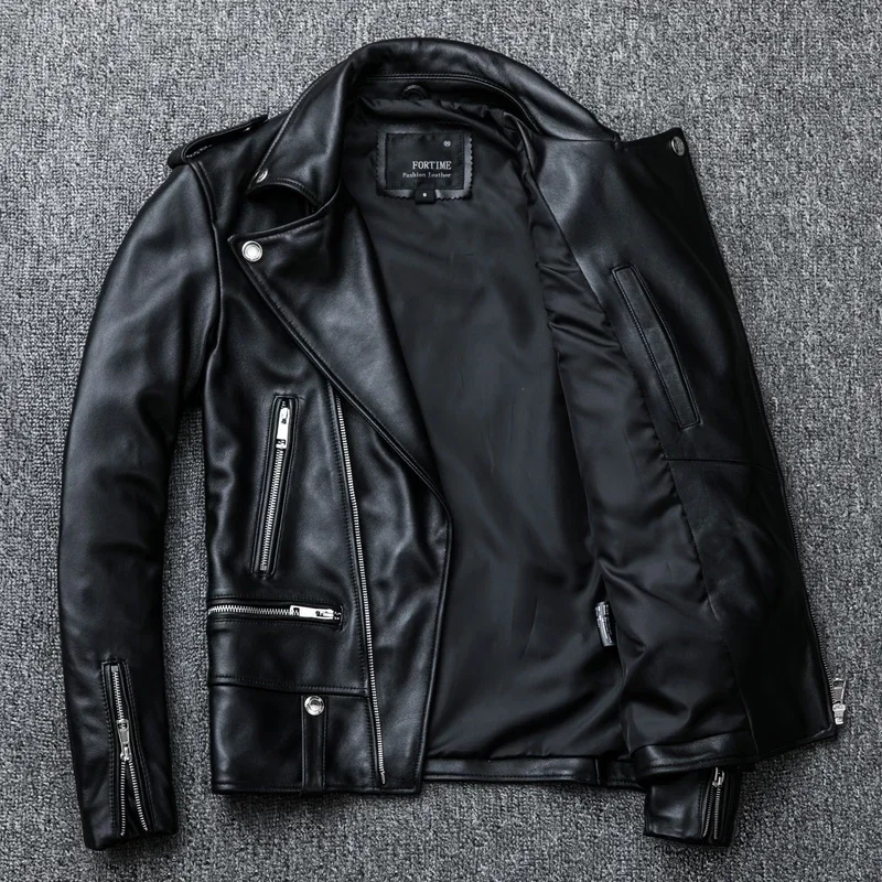 Spring and Autumn Natural Sheepskin Leather Jacket Black Soft Men\'s Motocycle Jackets Motor Clothing Biker Slim Short Coat