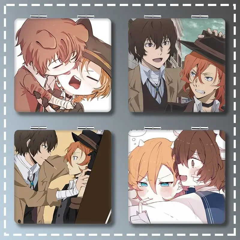 7 × 6 cm Bungo Bungou bezpańskie psy, składane dwustronne lusterko do makijażu, Anime śliczne, przenośne podróże, Mini, dziewczyny, powiększające, kwadratowe