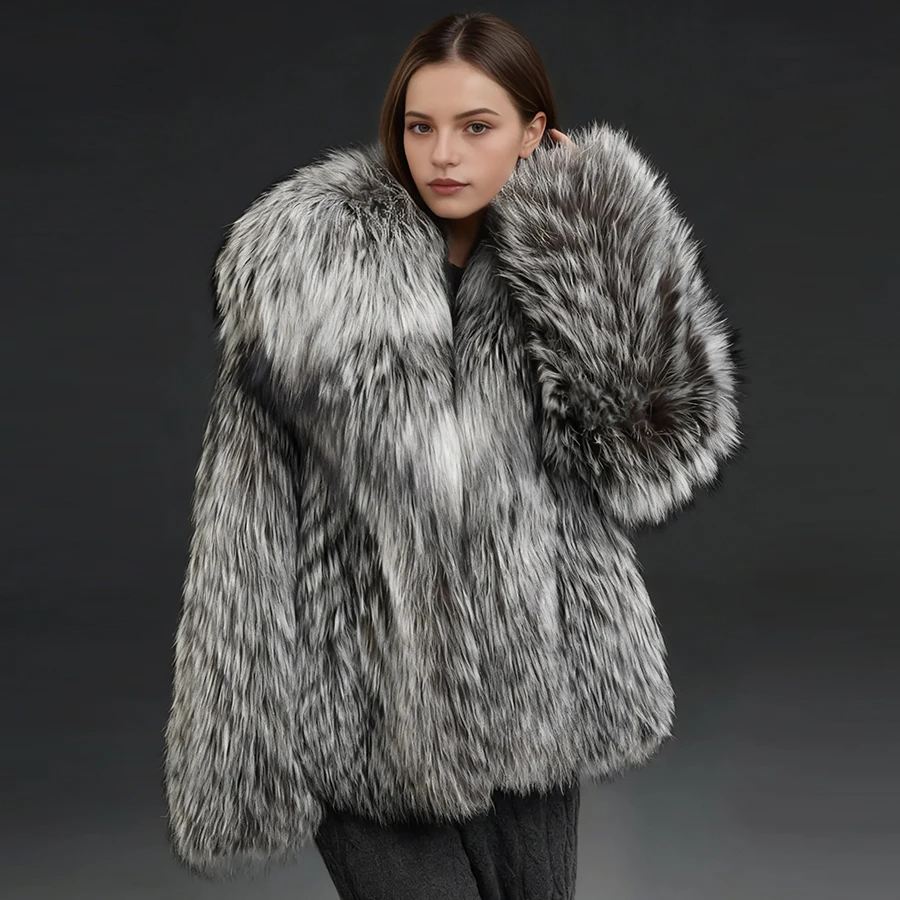 Chaqueta de piel de zorro natural con cuello vuelto, chaqueta de piel de zorro plateado auténtico, chaquetas de invierno para mujer, prendas de abrigo de piel auténtica de lujo