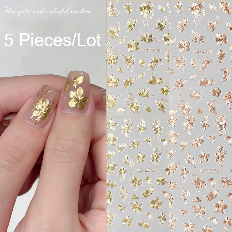 Compre a granel, pague una tarifa de envío solo 5 unids/lote, pegatinas para decoración de uñas con purpurina de Color rosa dorado, elementos de hojas de flores