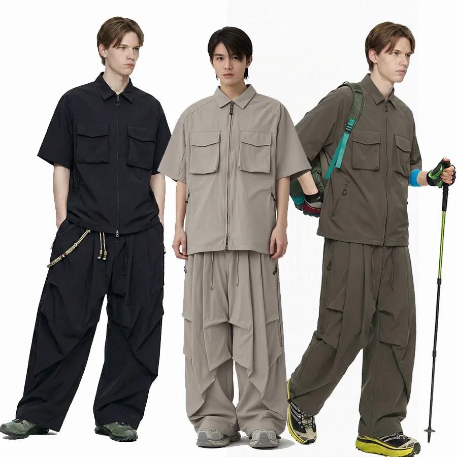 

Spring Summer Streetwear Folds Cargo Pants Men Outdoor Quick Dry Loose Casual Wide Leg Baggy Pants Short Sleeve Shirts